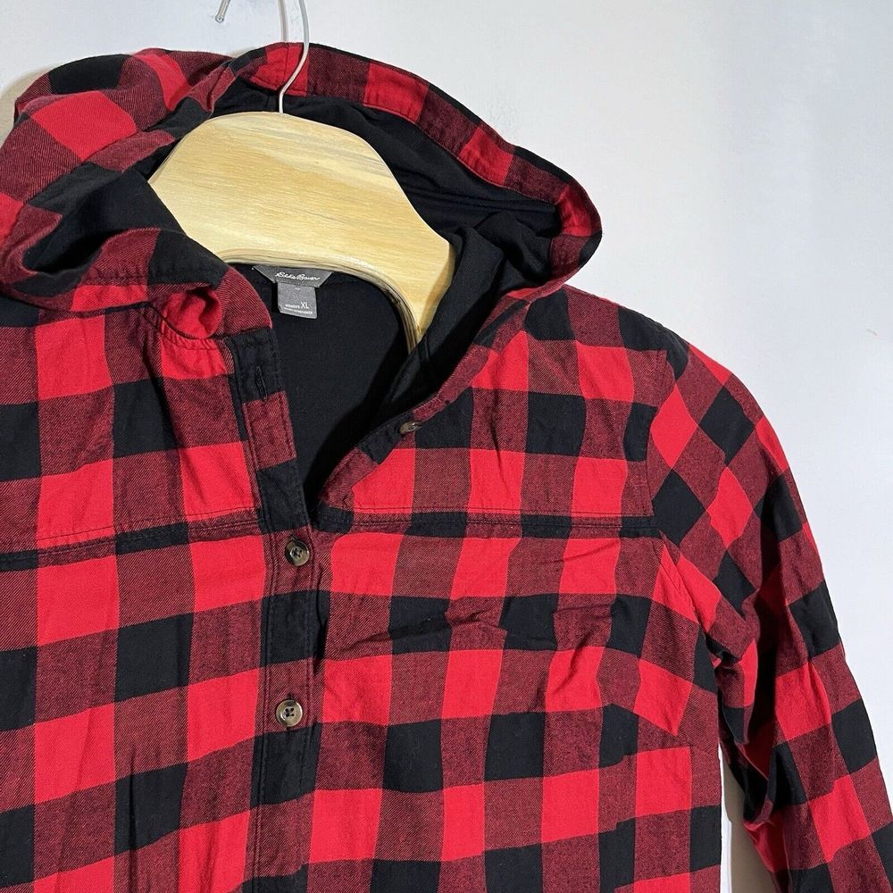 Eddie Bauer Women's XL Buffalo Check Plaid Lined Flannel Hoodie Button Up Shirt